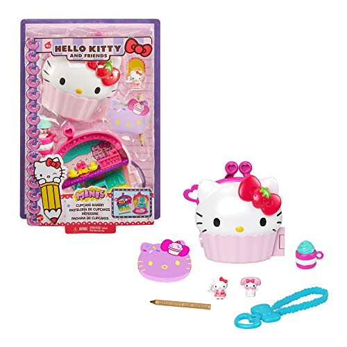 Hello Kitty GVB30 - Cupcake-Bäckerei Schatulle (12,5 cm) mit 2 Sanrio Minis Figuren, Notizblock und Schreibwarenzubehör, tolles Spielzeug Geschenk für Kinder ab 4 Jahren