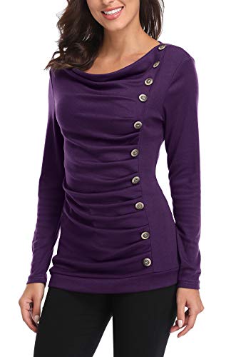 MISS MOLY Damen Langarmshirt Pullover Tunika Bluse T Shirt mit Knöpfen Violett Large
